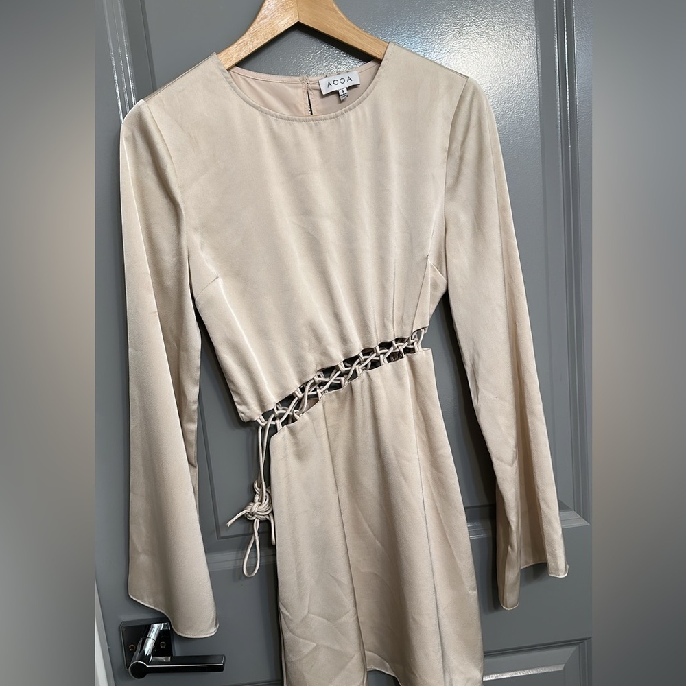 ACOA Beige Satin Cutout Waist Dress – Size S